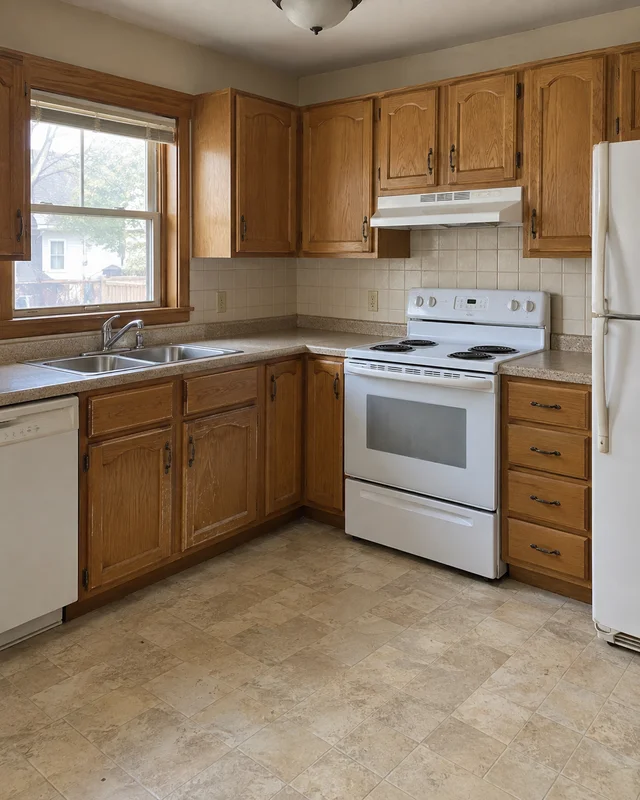 Illustrative dated kitchen with worn oak cabinets and laminate counters