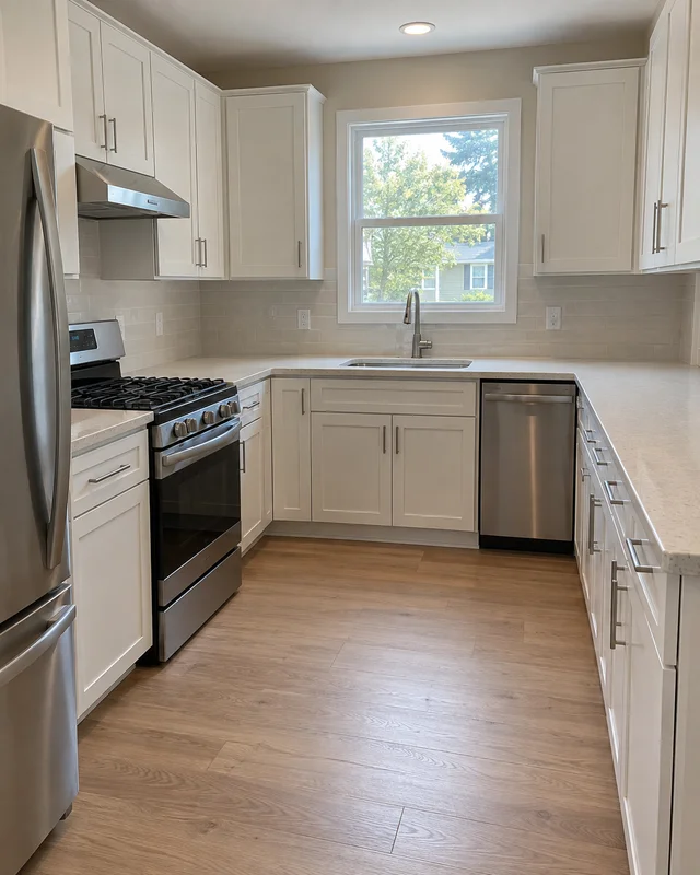 Illustrative renovated kitchen with new cabinets and stone counters